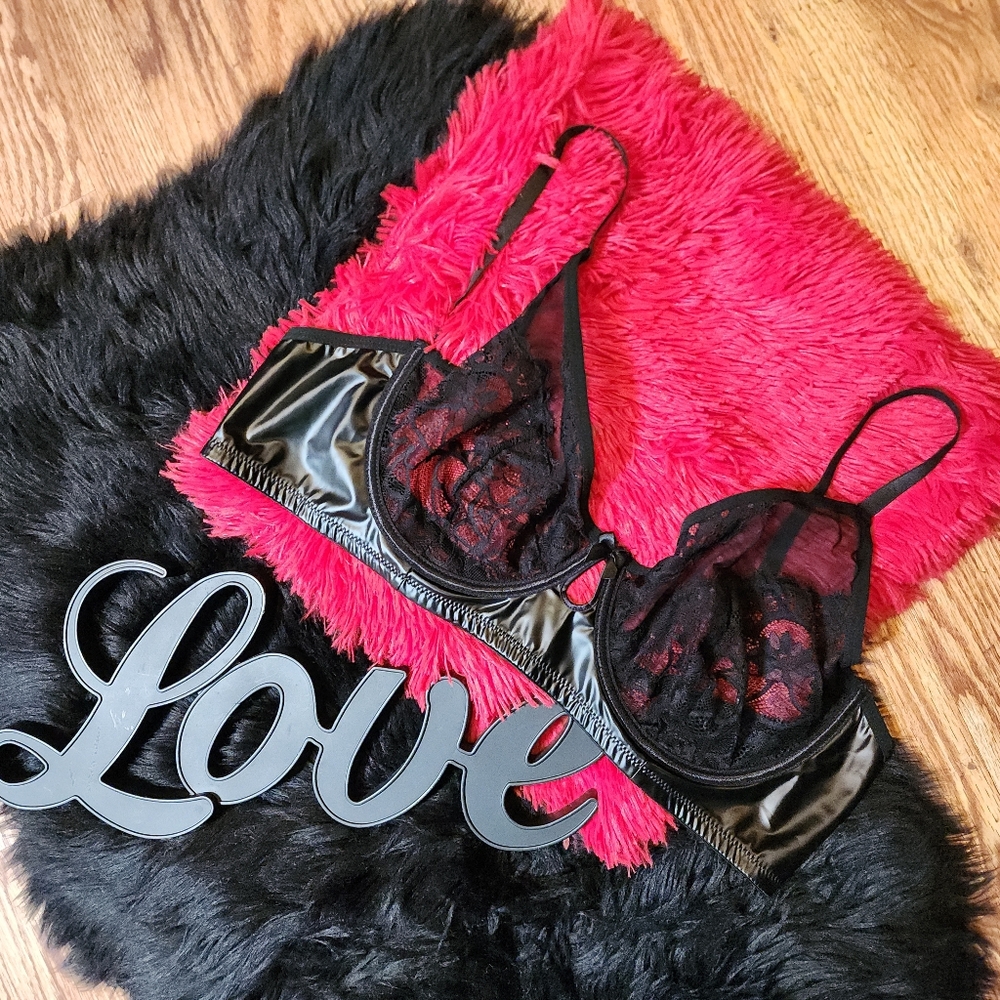 Sexy Full Front Mesh Lace Bra With Faux Leather Accents Lingerie Plus Size 3X